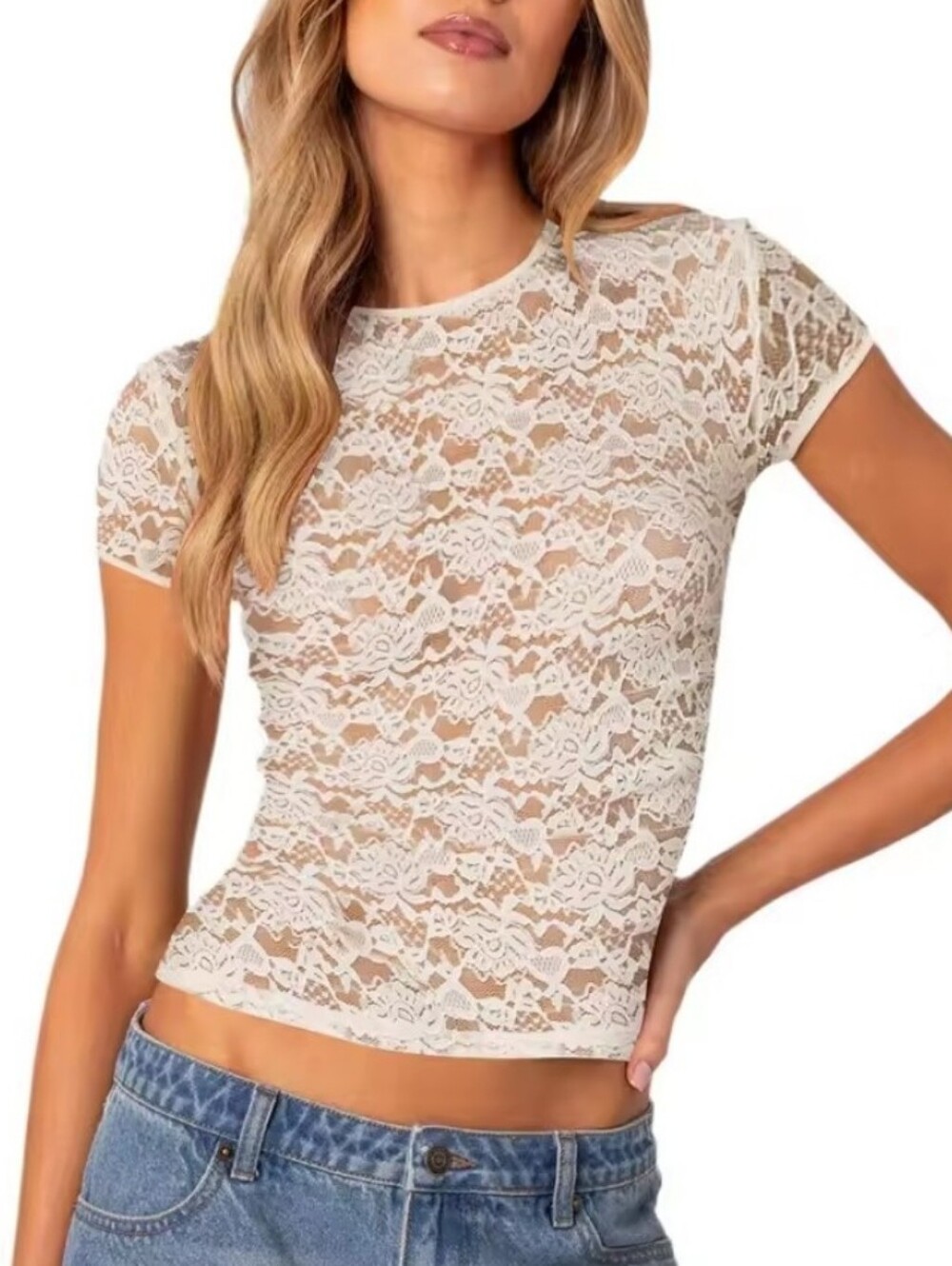 Target Cream Lace Short-Sleeve Sheer Tee